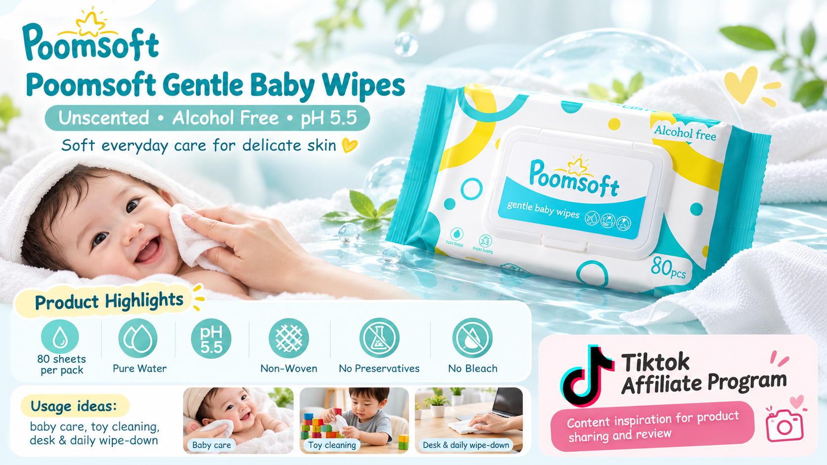 Poomsoft Gentle Baby Wipes 产品与 TikTok Affiliate Program 内容分享主题图